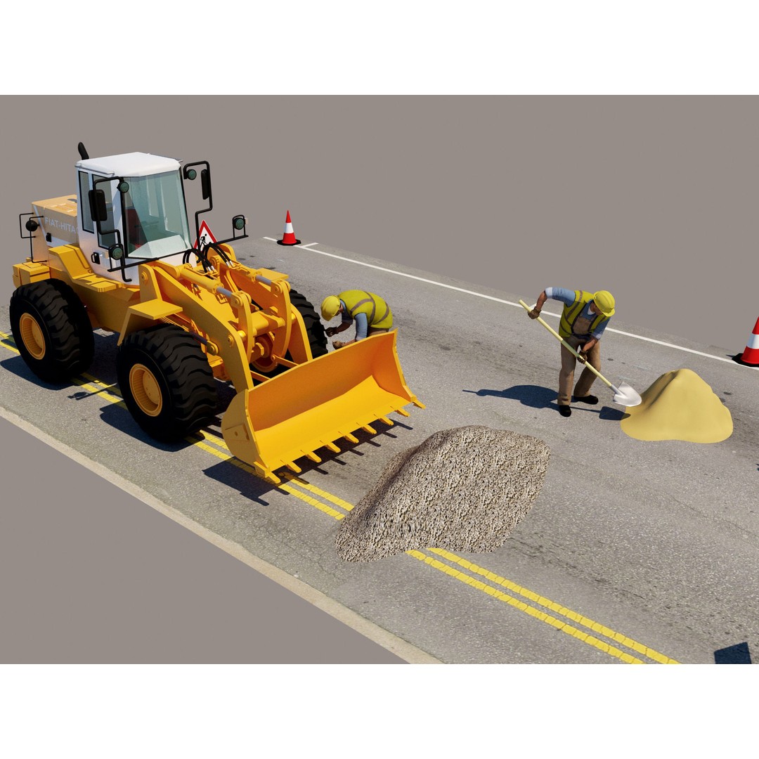 Workers with Road Machinery 3D Model – Construction Figures, FBX, OBJ - View 13