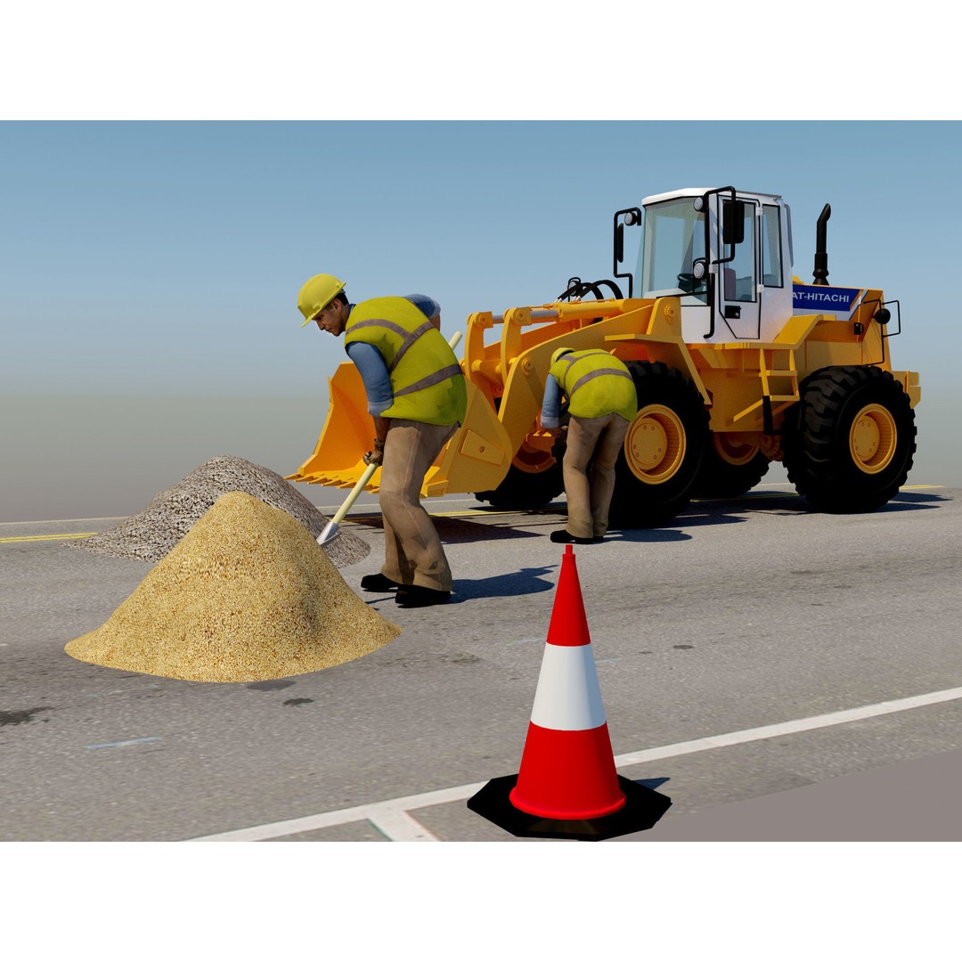 Workers with Road Machinery 3D Model – Construction Figures, FBX, OBJ - View 14