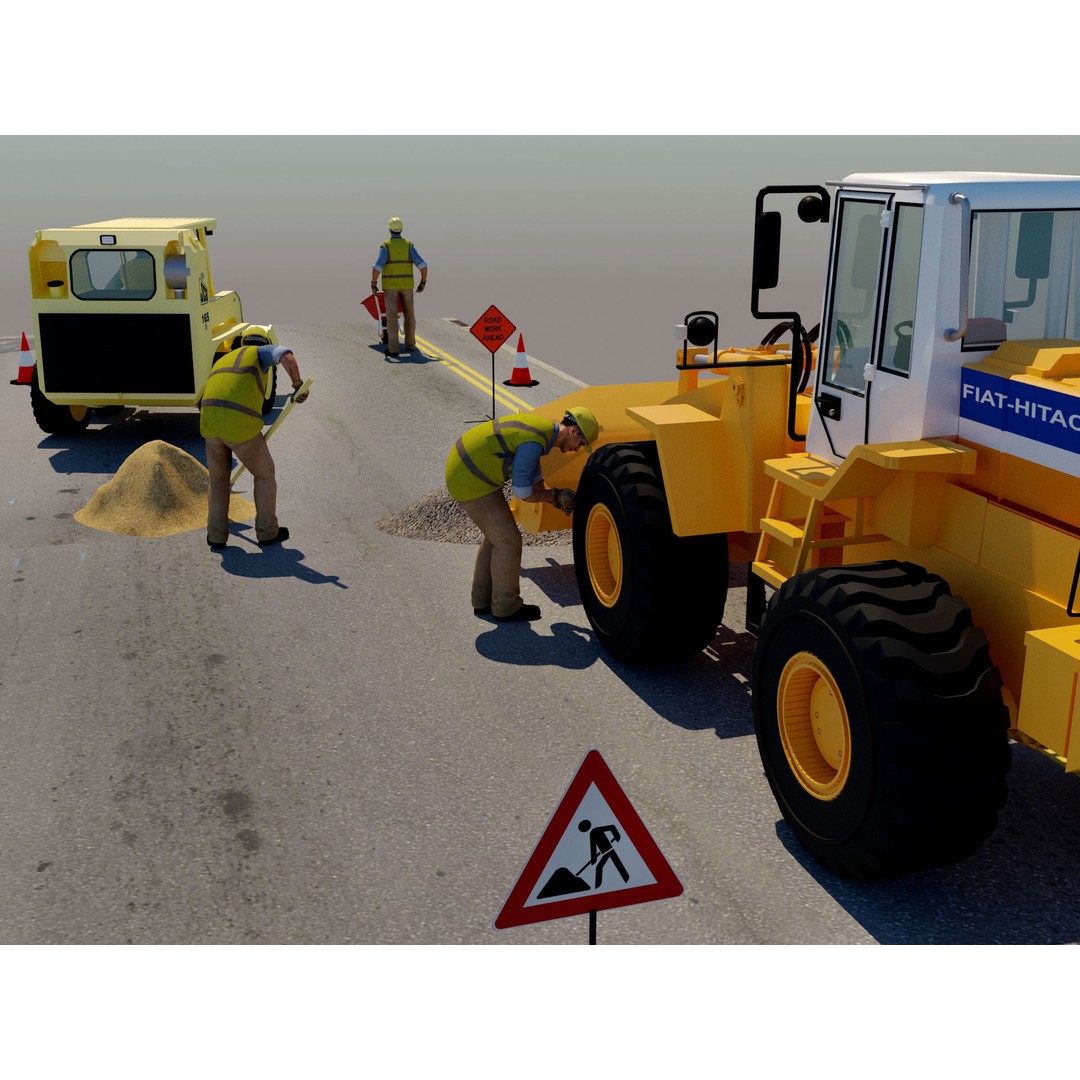 Workers with Road Machinery 3D Model – Construction Figures, FBX, OBJ - View 18