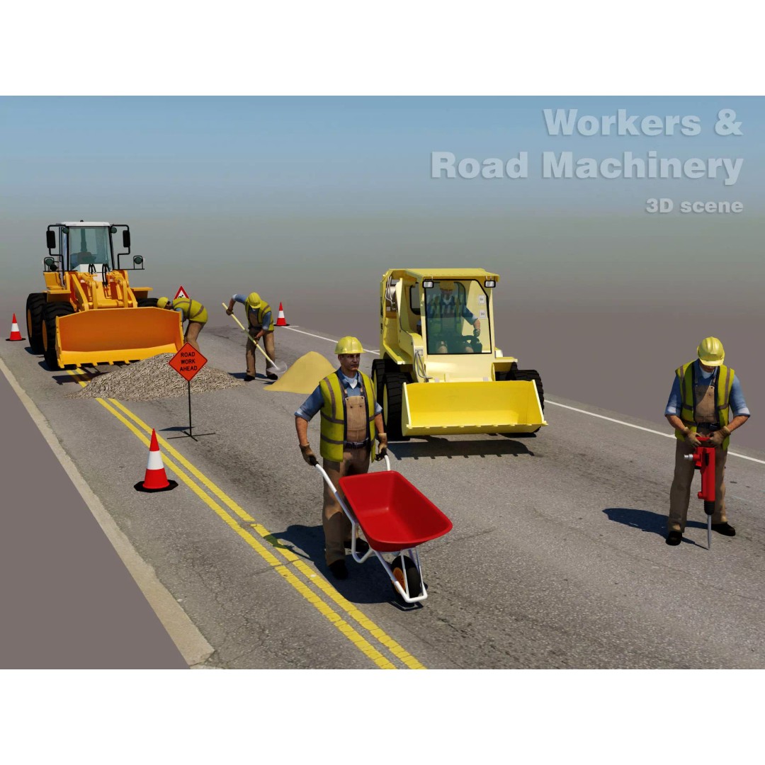 Workers with Road Machinery 3D Model – Construction Figures, FBX, OBJ - View 2
