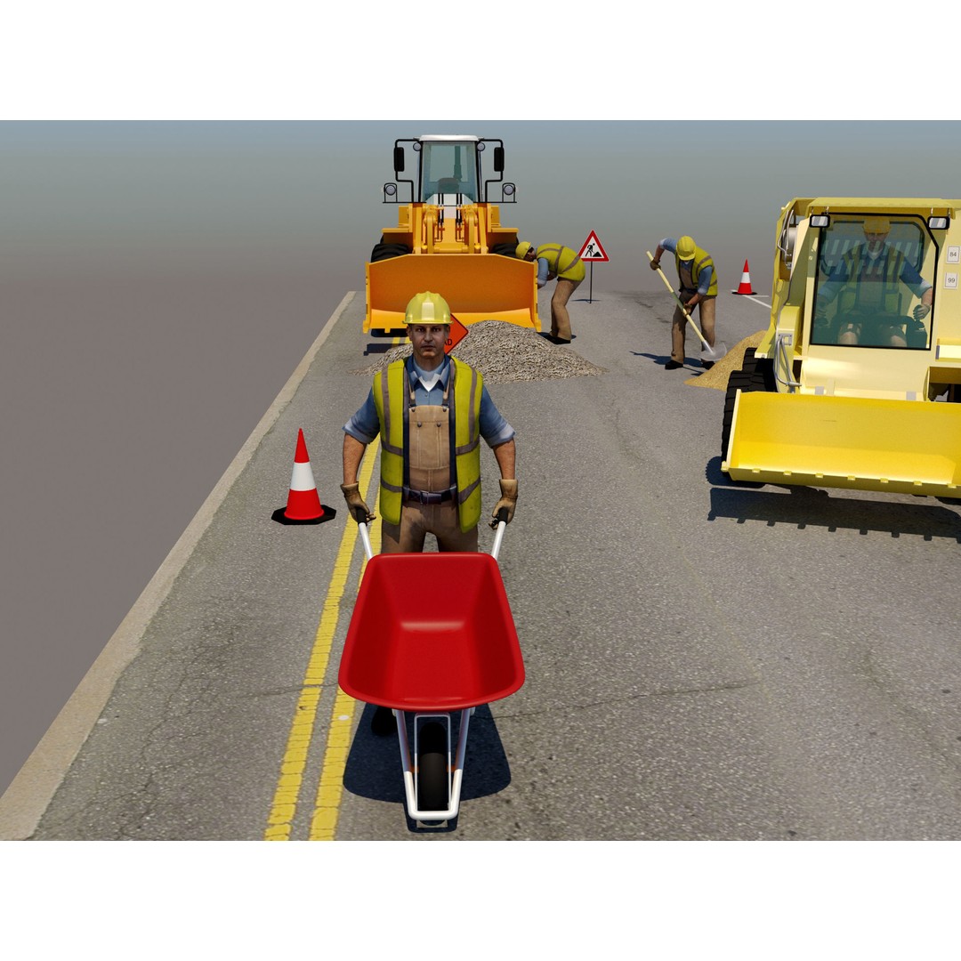 Workers with Road Machinery 3D Model – Construction Figures, FBX, OBJ - View 20