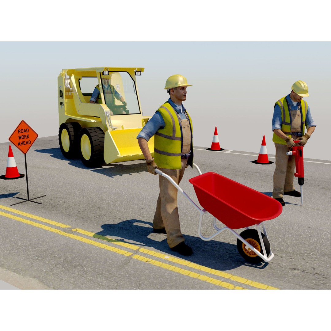 Workers with Road Machinery 3D Model – Construction Figures, FBX, OBJ - View 21