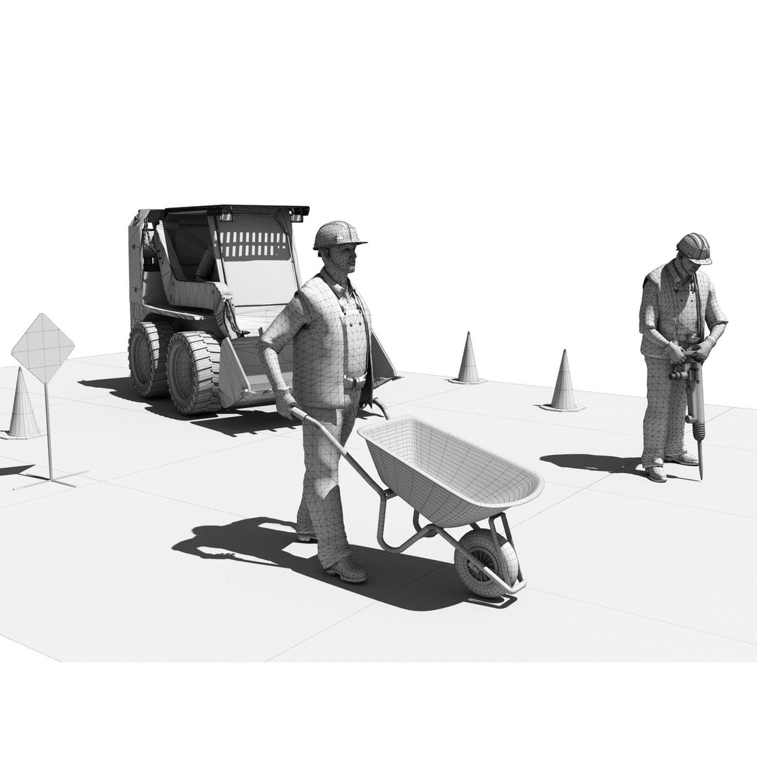 Workers with Road Machinery 3D Model – Construction Figures, FBX, OBJ - View 22