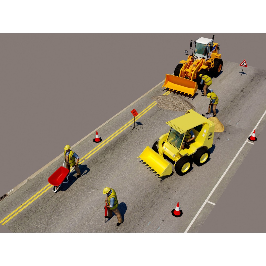 Workers with Road Machinery 3D Model – Construction Figures, FBX, OBJ - View 3