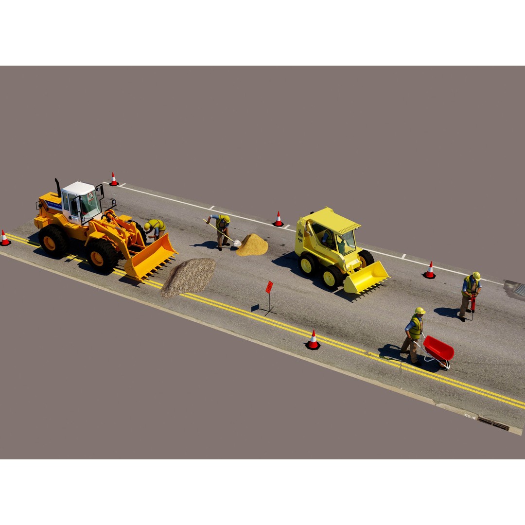 Workers with Road Machinery 3D Model – Construction Figures, FBX, OBJ - View 4