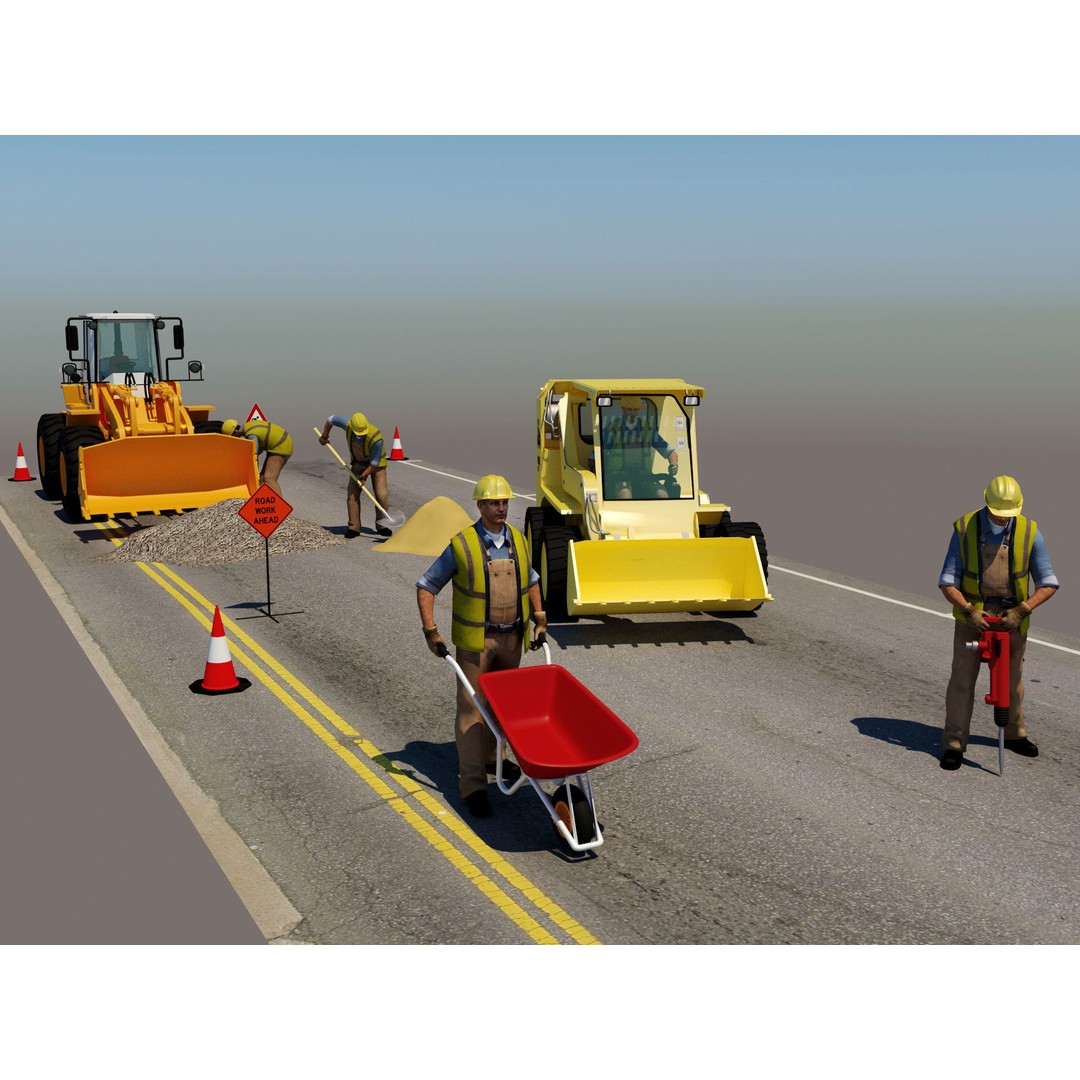 Workers with Road Machinery 3D Model – Construction Figures, FBX, OBJ - View 5