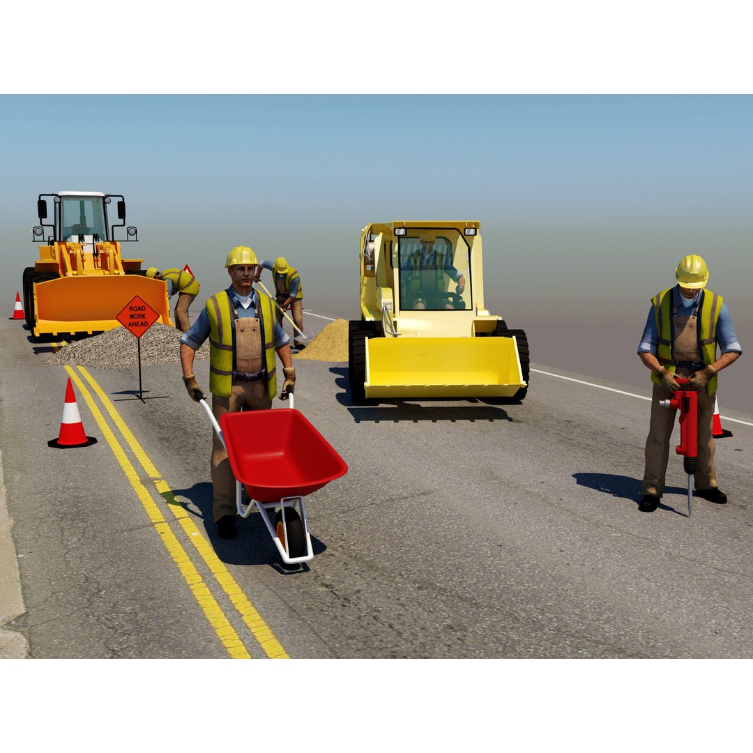 Workers with Road Machinery 3D Model – Construction Figures, FBX, OBJ - View 6