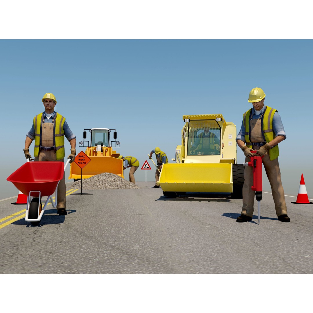 Workers with Road Machinery 3D Model – Construction Figures, FBX, OBJ - View 7