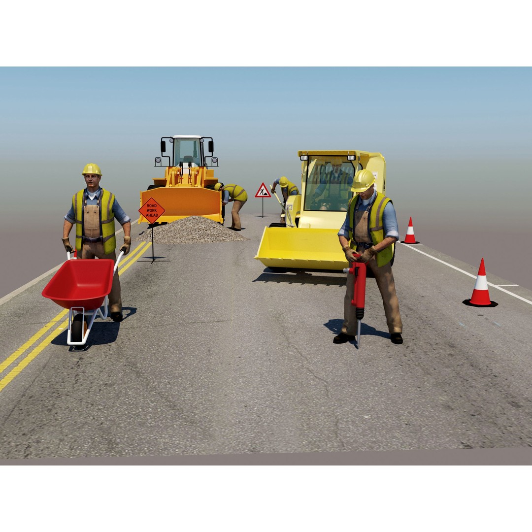 Workers with Road Machinery 3D Model – Construction Figures, FBX, OBJ - View 8