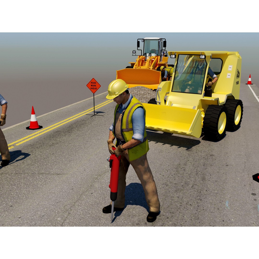 Workers with Road Machinery 3D Model – Construction Figures, FBX, OBJ - View 9