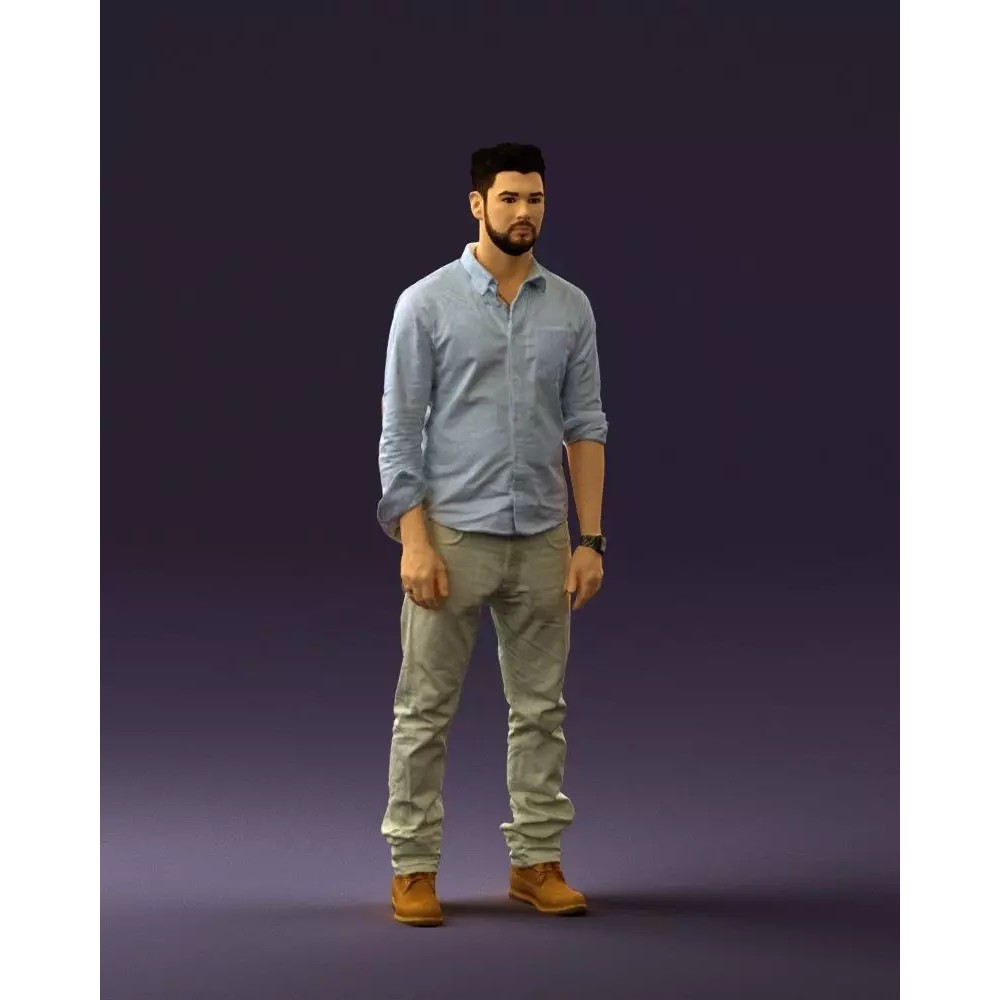 Man 3D Model – Realistic Human Character in Blue Top & White Jeans - View 2
