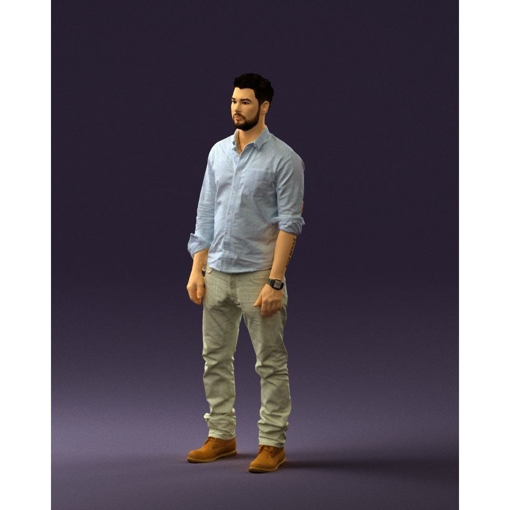 Man 3D Model – Realistic Human Character in Blue Top & White Jeans - View 29