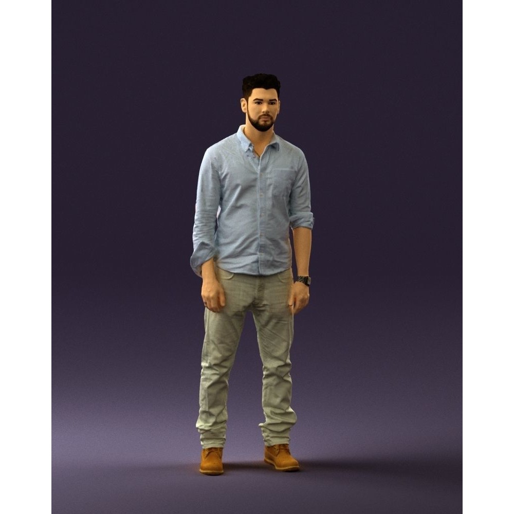 Man 3D Model – Realistic Human Character in Blue Top & White Jeans - View 35