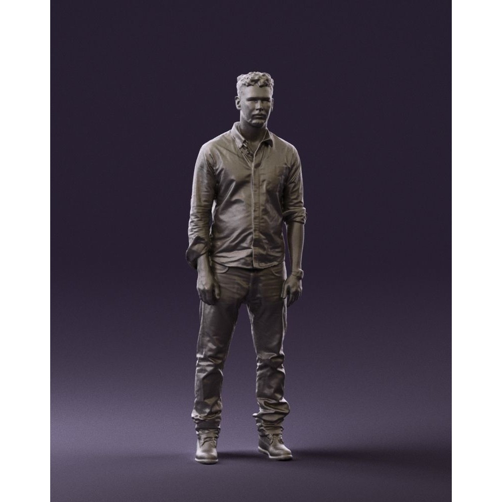 Man 3D Model – Realistic Human Character in Blue Top & White Jeans - View 36