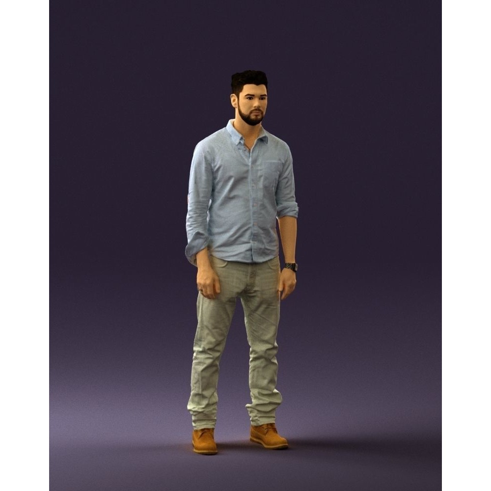 Man 3D Model – Realistic Human Character in Blue Top & White Jeans - View 38