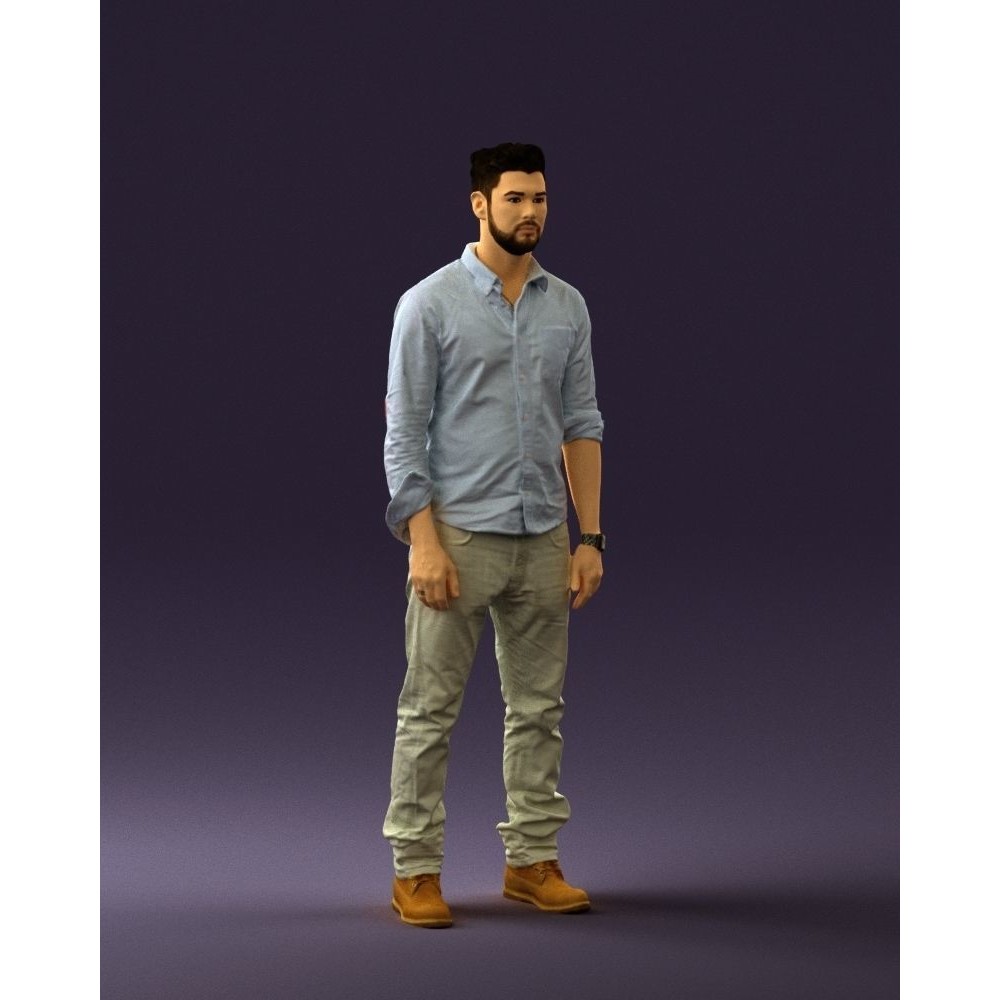 Man 3D Model – Realistic Human Character in Blue Top & White Jeans - View 5