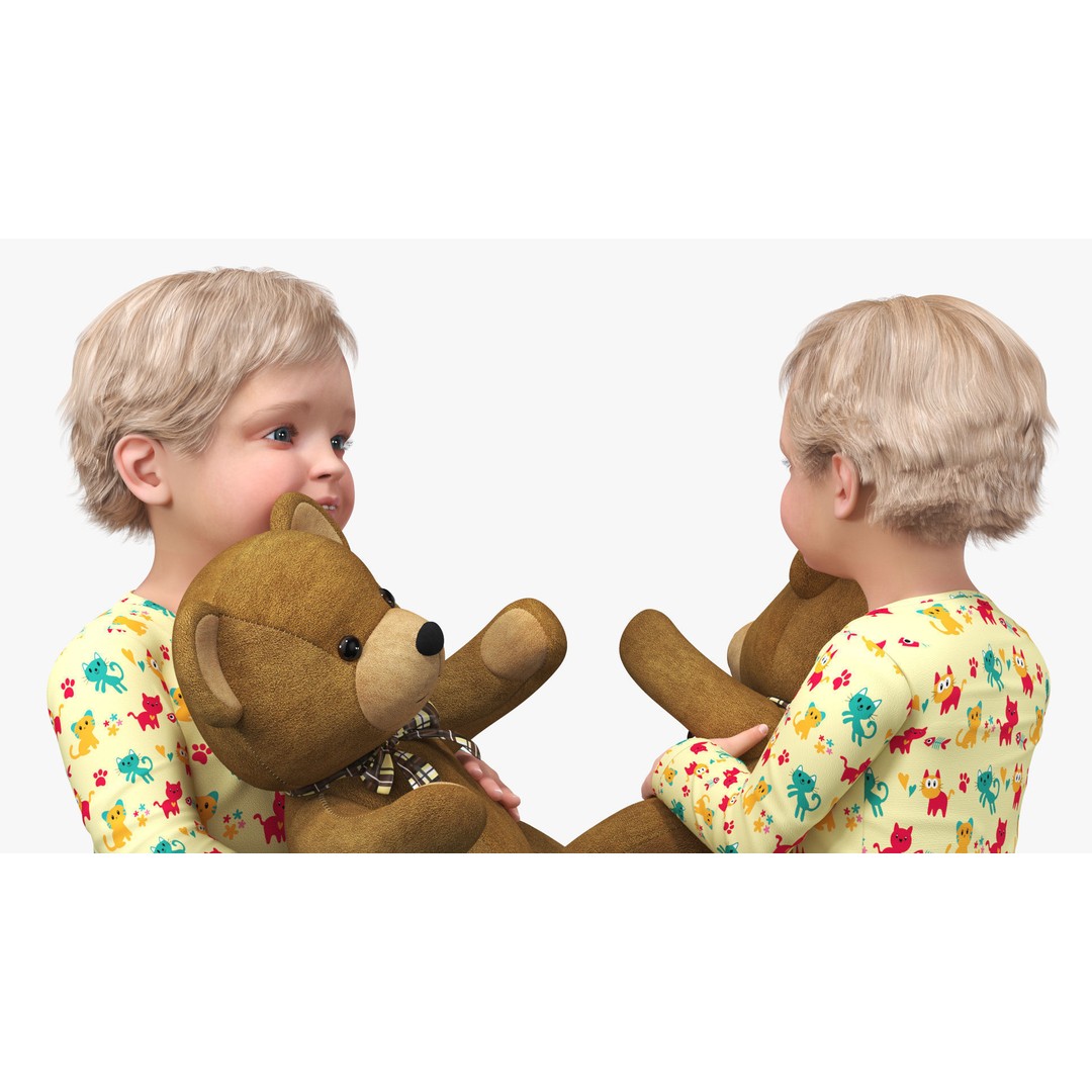 Toddler with Stuffed Teddy Bear 3D Model – Realistic Character with PBR Textures - View 11
