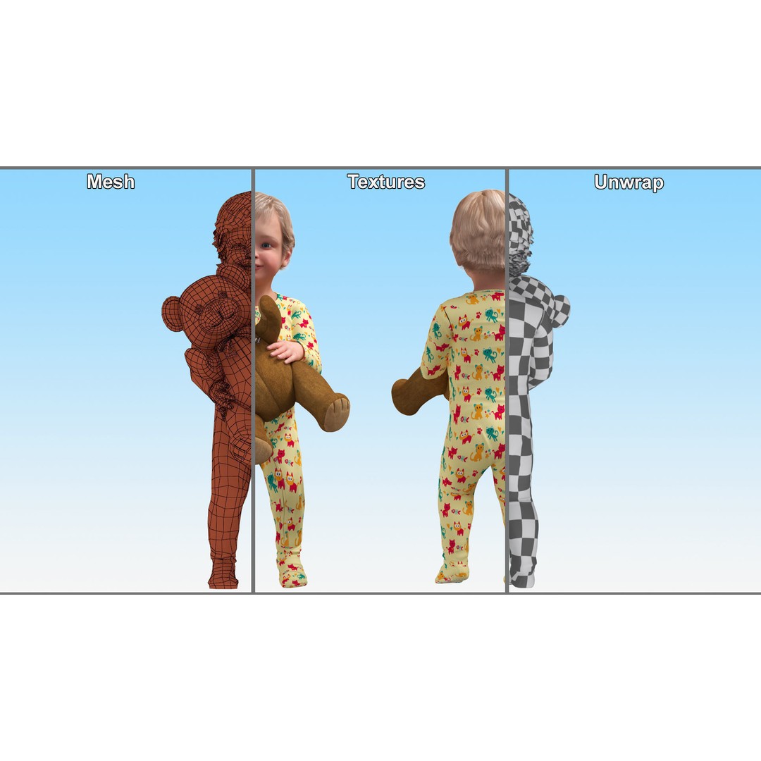 Toddler with Stuffed Teddy Bear 3D Model – Realistic Character with PBR Textures - View 15