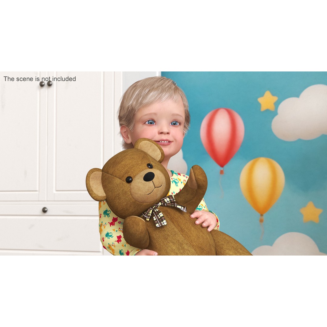 Toddler with Stuffed Teddy Bear 3D Model – Realistic Character with PBR Textures - View 2