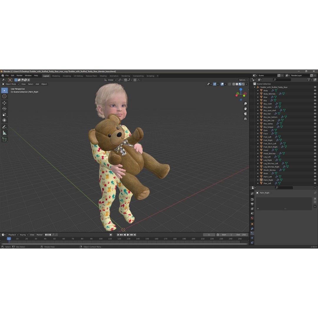 Toddler with Stuffed Teddy Bear 3D Model – Realistic Character with PBR Textures - View 21