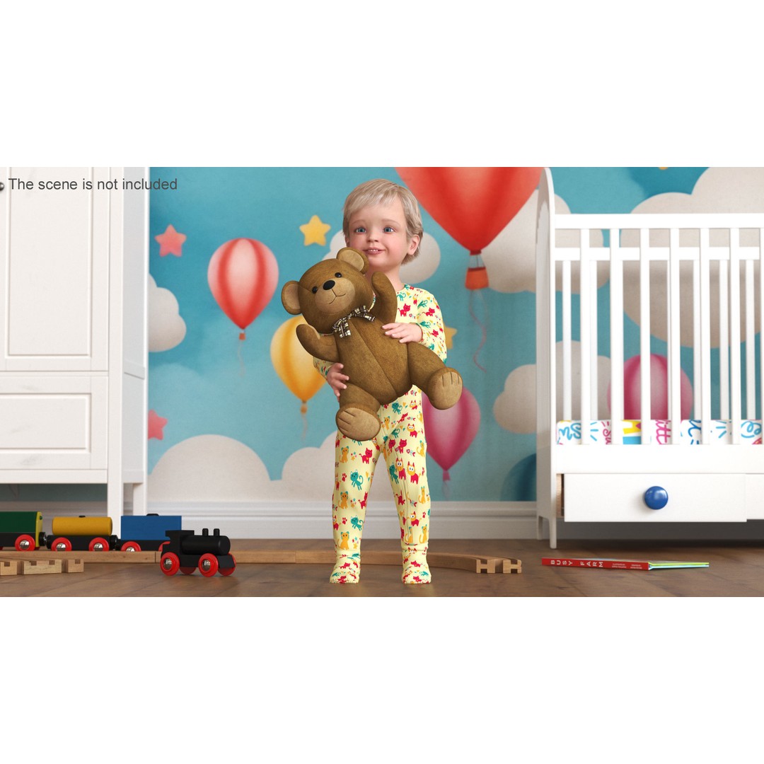 Toddler with Stuffed Teddy Bear 3D Model – Realistic Character with PBR Textures - View 3