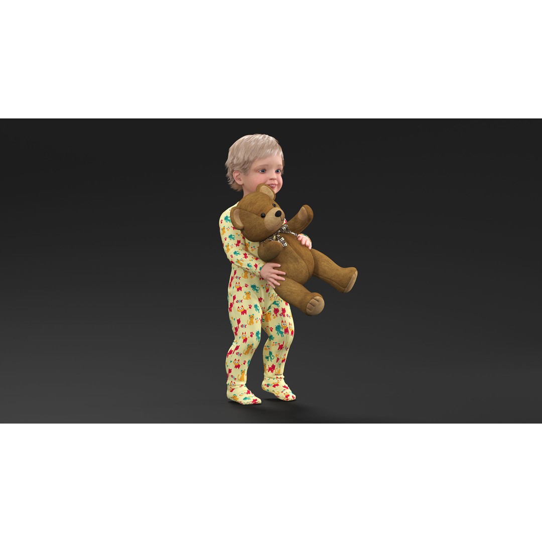 Toddler with Stuffed Teddy Bear 3D Model – Realistic Character with PBR Textures - View 4