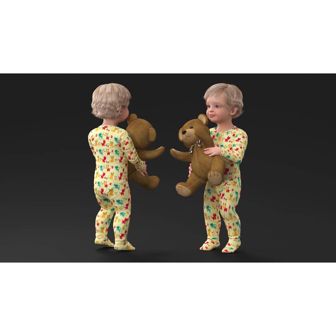 Toddler with Stuffed Teddy Bear 3D Model – Realistic Character with PBR Textures - View 5