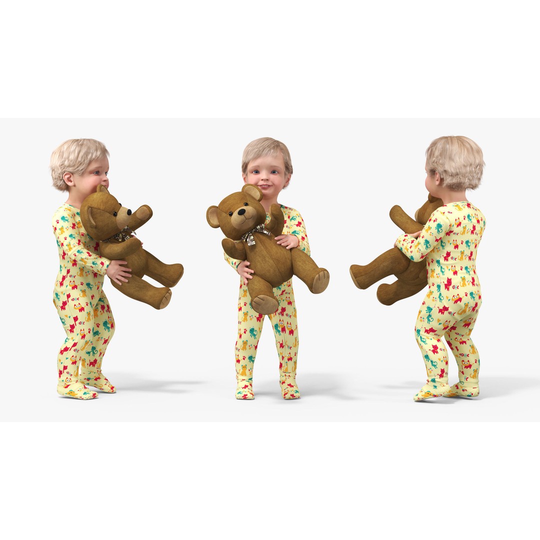 Toddler with Stuffed Teddy Bear 3D Model – Realistic Character with PBR Textures - View 7