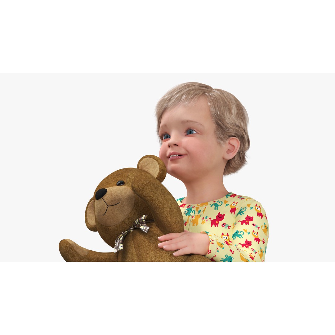 Toddler with Stuffed Teddy Bear 3D Model – Realistic Character with PBR Textures - View 8