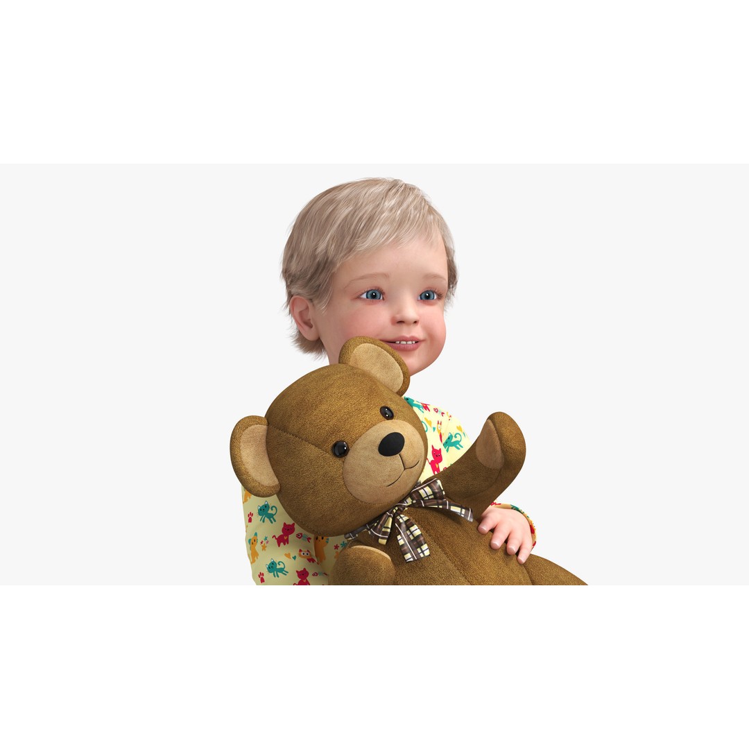 Toddler with Stuffed Teddy Bear 3D Model – Realistic Character with PBR Textures - View 9