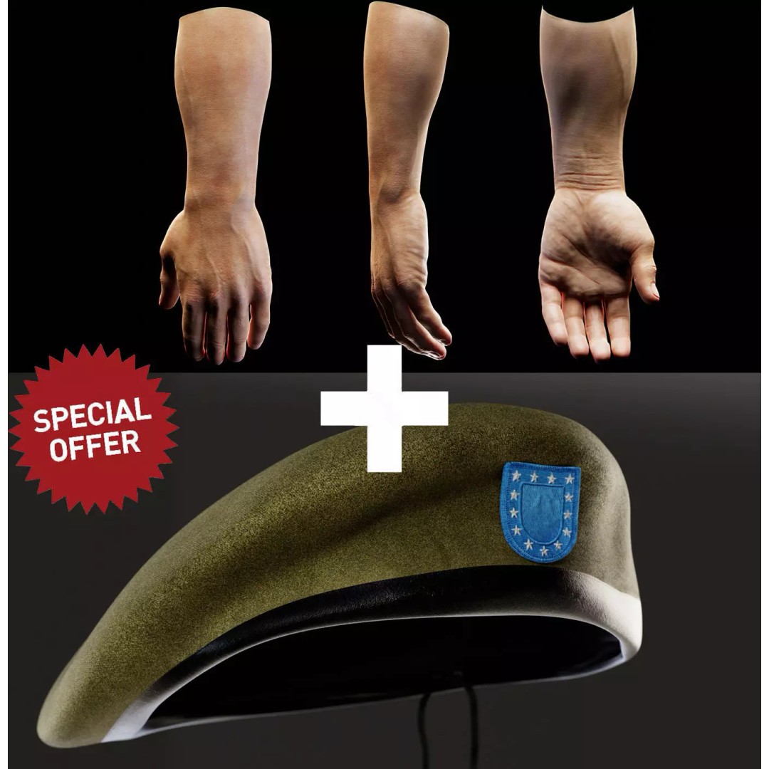Human Hand 3D Model – Low Poly Character with Olive Green Beret - View 2