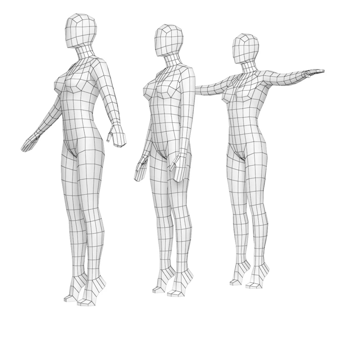 Natural Female 3D Model – Low Poly Base Mesh with Poses, FBX - View 2
