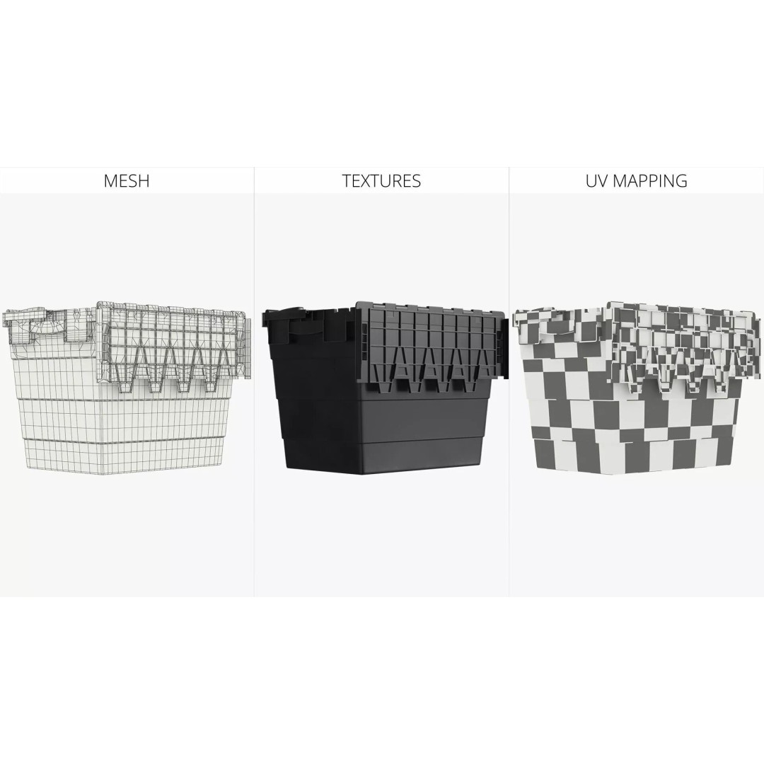 Industrial Plastic Bin 3D Model – Stackable Storage Container with Interlocking Lid - View 7