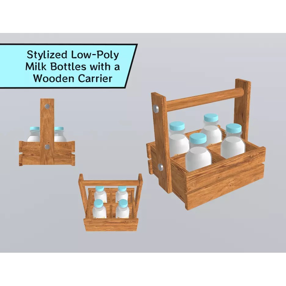 Stylized Milk Bottles 3D Model – Low Poly Game Asset, FBX - View 2