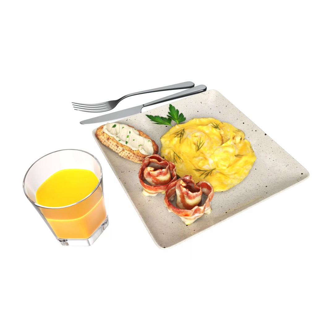 Breakfast 3D Model – Realistic Omelette, Bacon, Juice, PBR Textures - View 3