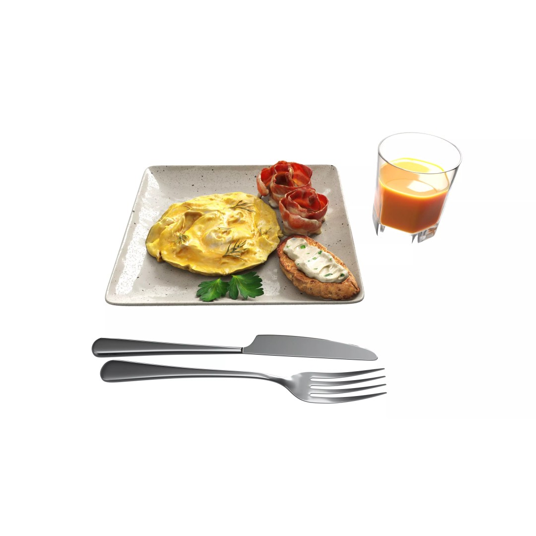 Breakfast 3D Model – Realistic Omelette, Bacon, Juice, PBR Textures - View 4