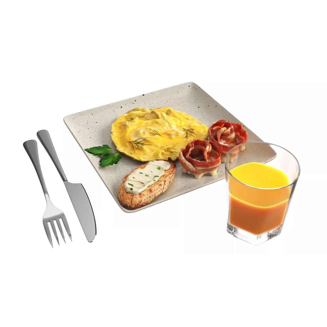 Breakfast 3D Model – Realistic Omelette, Bacon, Juice, PBR Textures - View 5