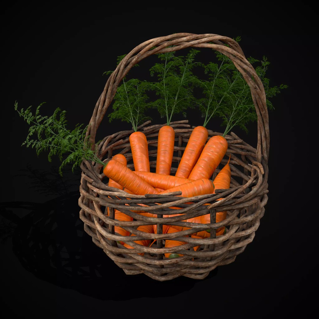 Carrot Basket 3D Model – Low Poly Game Ready Asset, FBX & OBJ - View 2