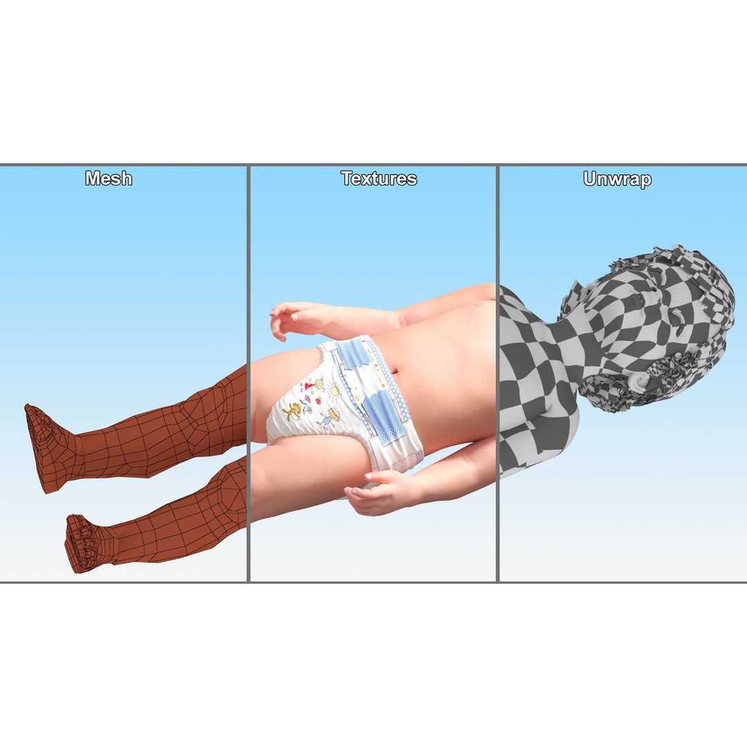 Boy Aged 1 Year in Diaper Standing Pose 3D Model – High Poly Character, PBR Textures - View 13