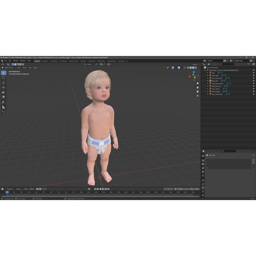 Boy Aged 1 Year in Diaper Standing Pose 3D Model – High Poly Character, PBR Textures - View 18
