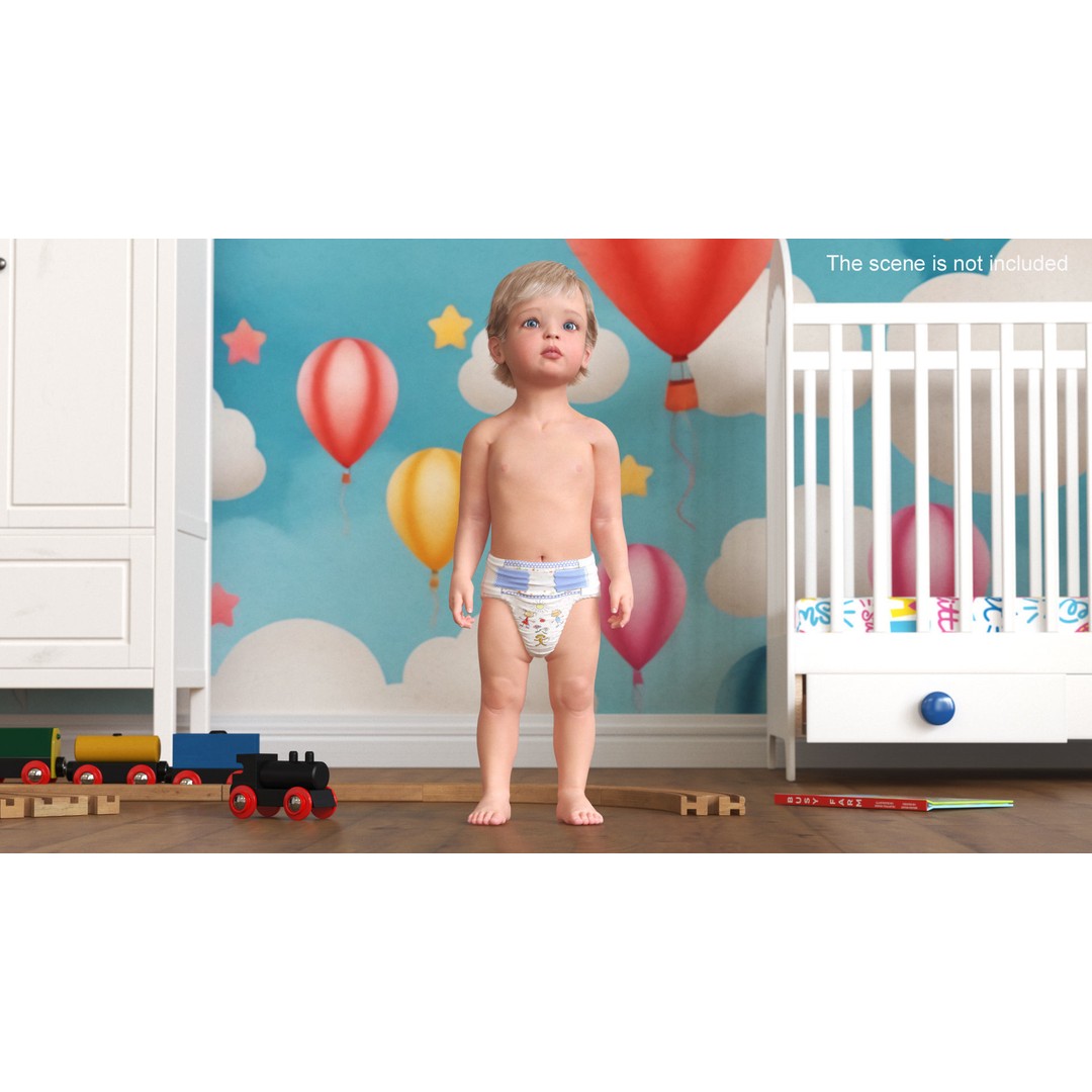 Boy Aged 1 Year in Diaper Standing Pose 3D Model – High Poly Character, PBR Textures - View 2