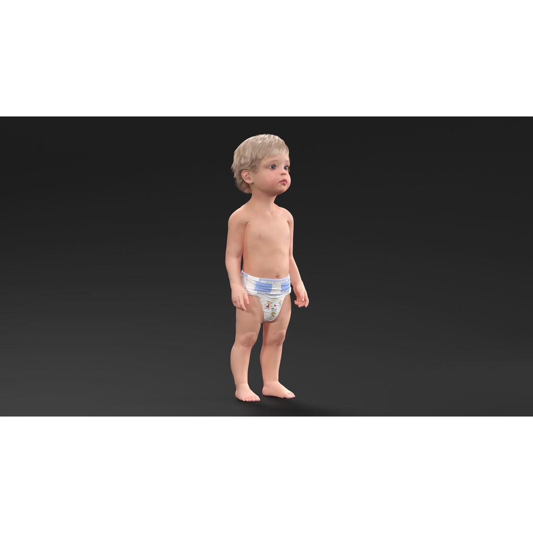 Boy Aged 1 Year in Diaper Standing Pose 3D Model – High Poly Character, PBR Textures - View 4