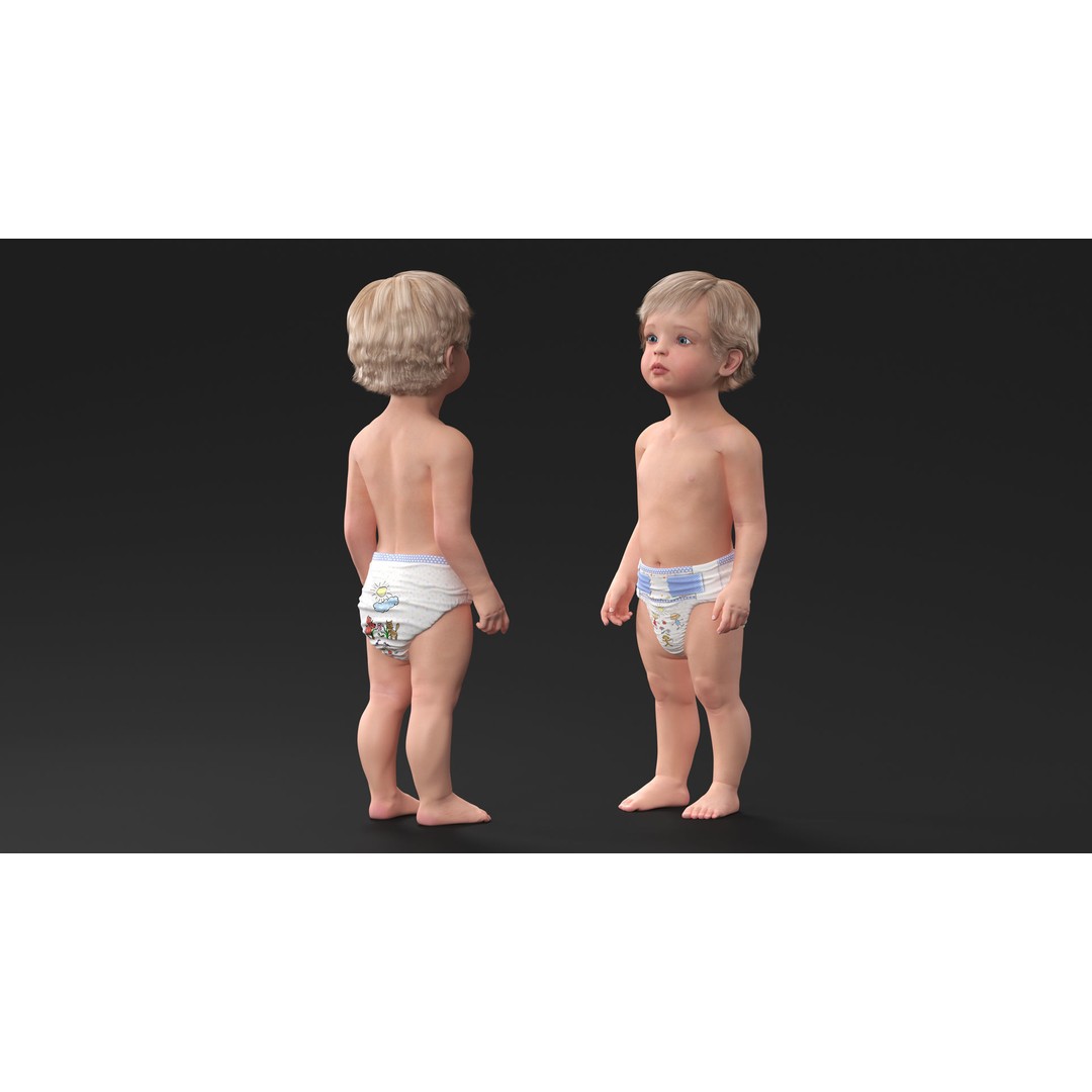 Boy Aged 1 Year in Diaper Standing Pose 3D Model – High Poly Character, PBR Textures - View 5