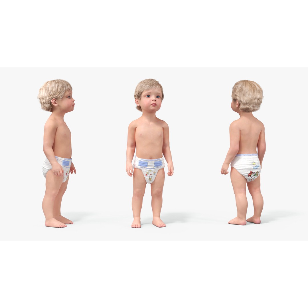 Boy Aged 1 Year in Diaper Standing Pose 3D Model – High Poly Character, PBR Textures - View 6