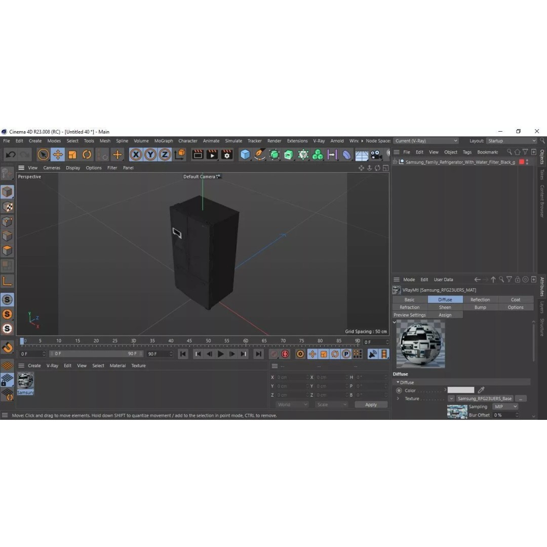 Samsung Family Refrigerator 3D Model – Black French Door Appliance with Water Filter