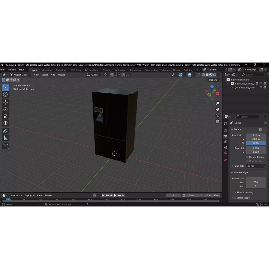 Samsung Family Refrigerator 3D Model – Black French Door Appliance with Water Filter - View 23