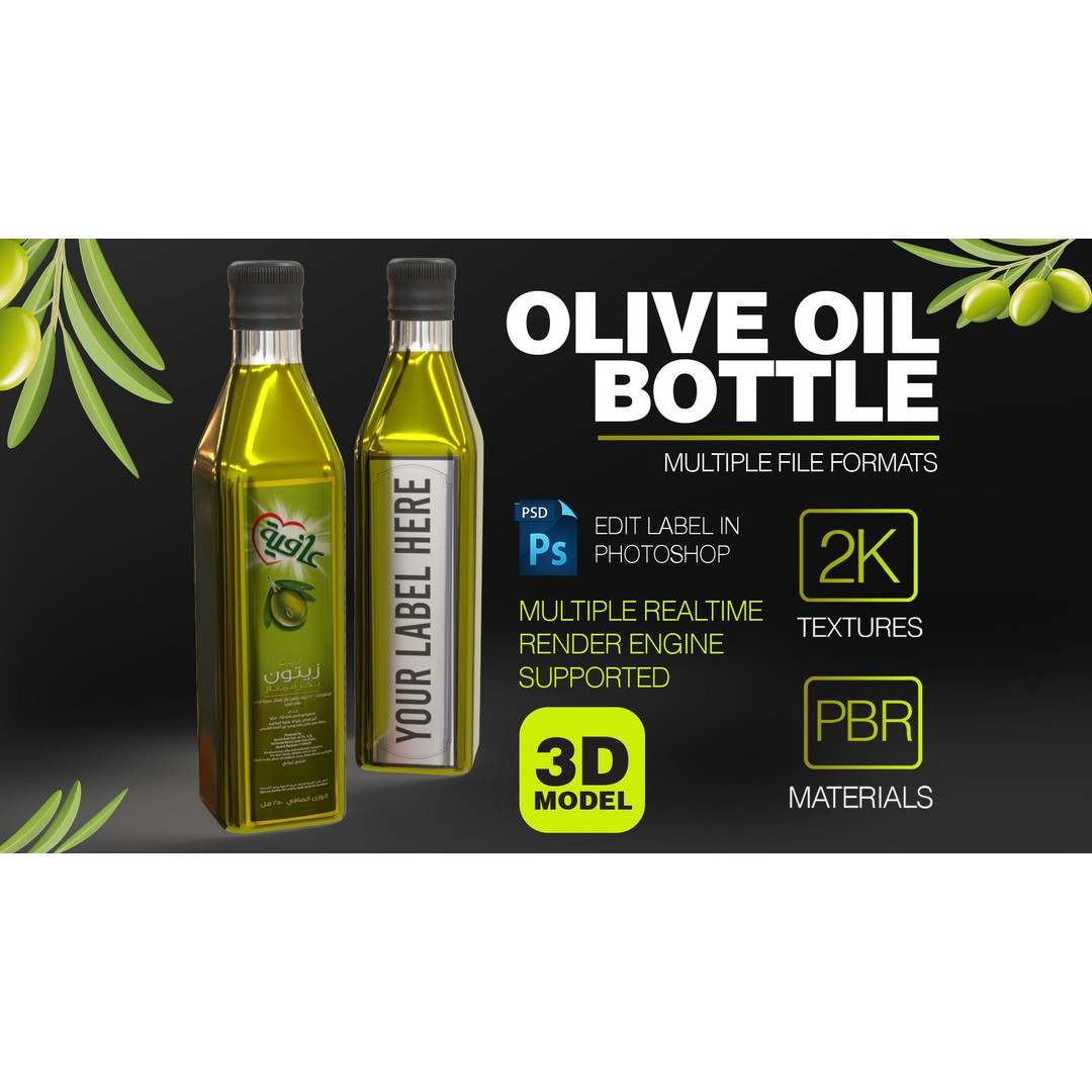 Olive Bottle 3D Model – Low Poly Editable Label, PBR Textures, FBX