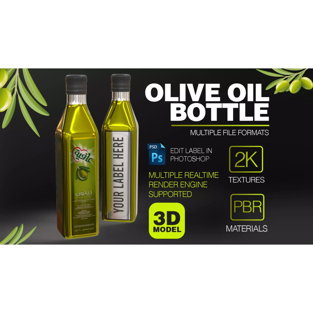Olive Bottle 3D Model – Low Poly Editable Label, PBR Textures, FBX - View 2