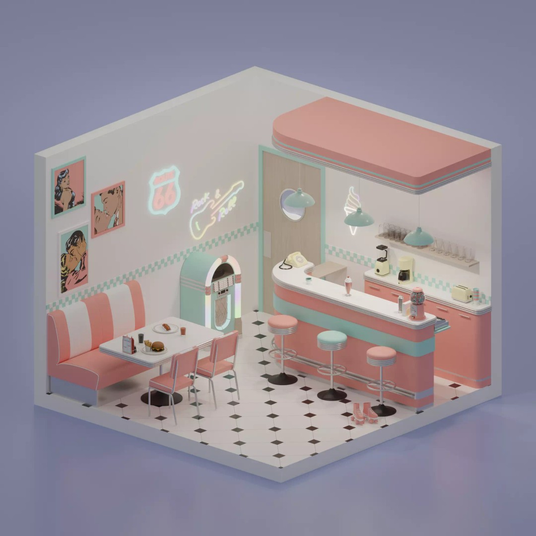 American Diner 3D Model – Retro Interior Asset, Blender, FBX - View 2
