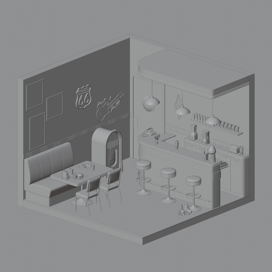 American Diner 3D Model – Retro Interior Asset, Blender, FBX - View 3